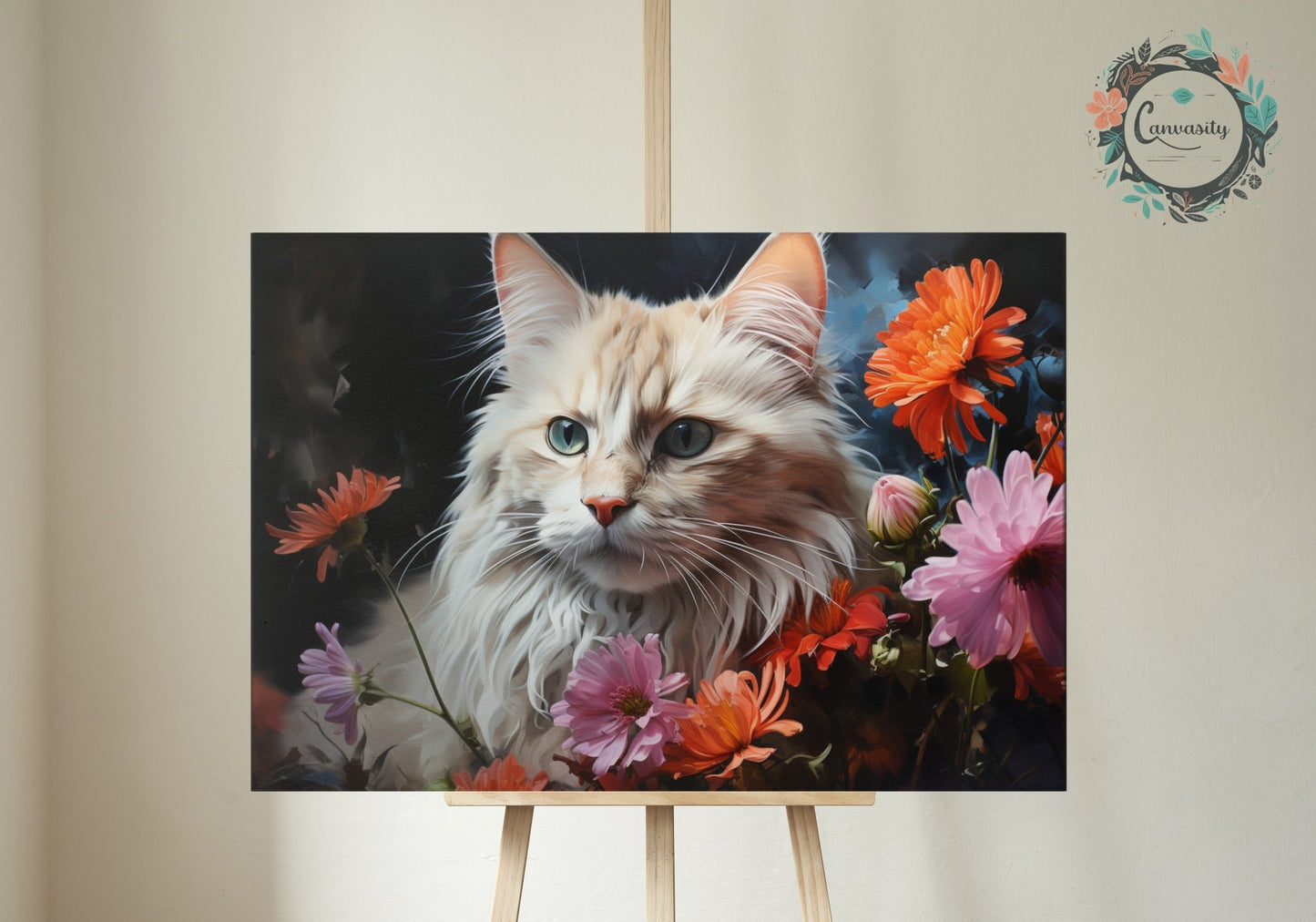 Snowy White Cat with Flowers - Unframed Print - Matte Paper - Colourful wall art by Canvasity Crafts