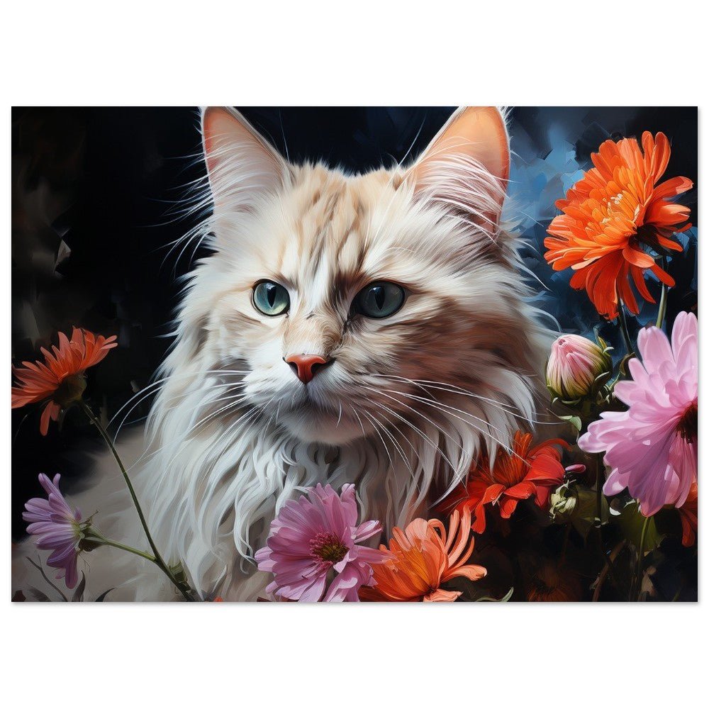 Snowy White Cat with Flowers - Unframed Print - Matte Paper - Colourful wall art by Canvasity Crafts