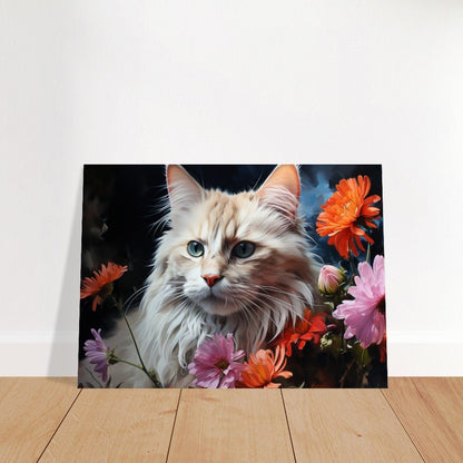 Snowy White Cat with Flowers - Unframed Print - Matte Paper - Colourful wall art by Canvasity Crafts