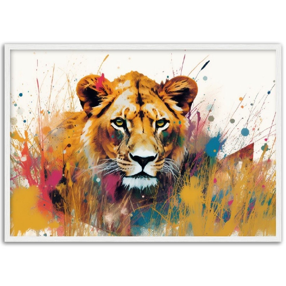 Stalking Lion Wall Art | Watercolour Framed Poster | Wildlife Gift for Lion Lover, Mom - Framed Wall Art - Colourful wall art by Canvasity Crafts