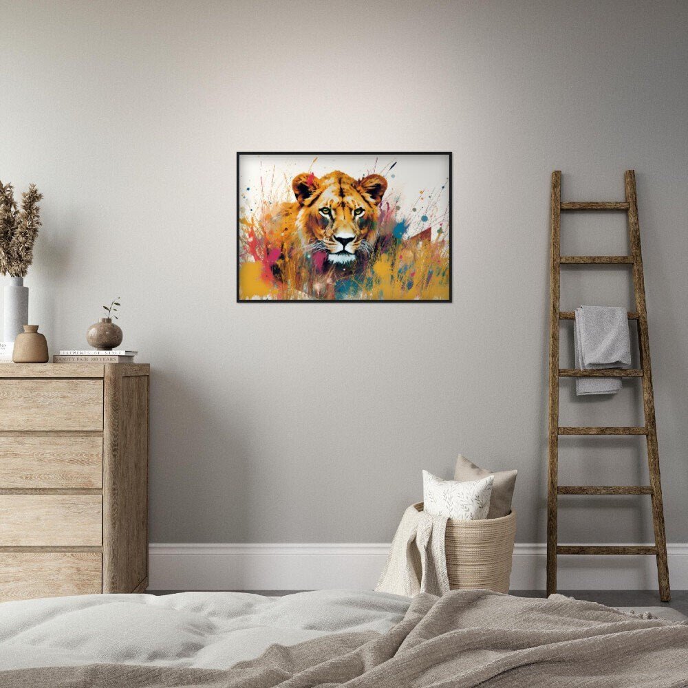 Stalking Lion Wall Art | Watercolour Framed Poster | Wildlife Gift for Lion Lover, Mom - Framed Wall Art - Colourful wall art by Canvasity Crafts