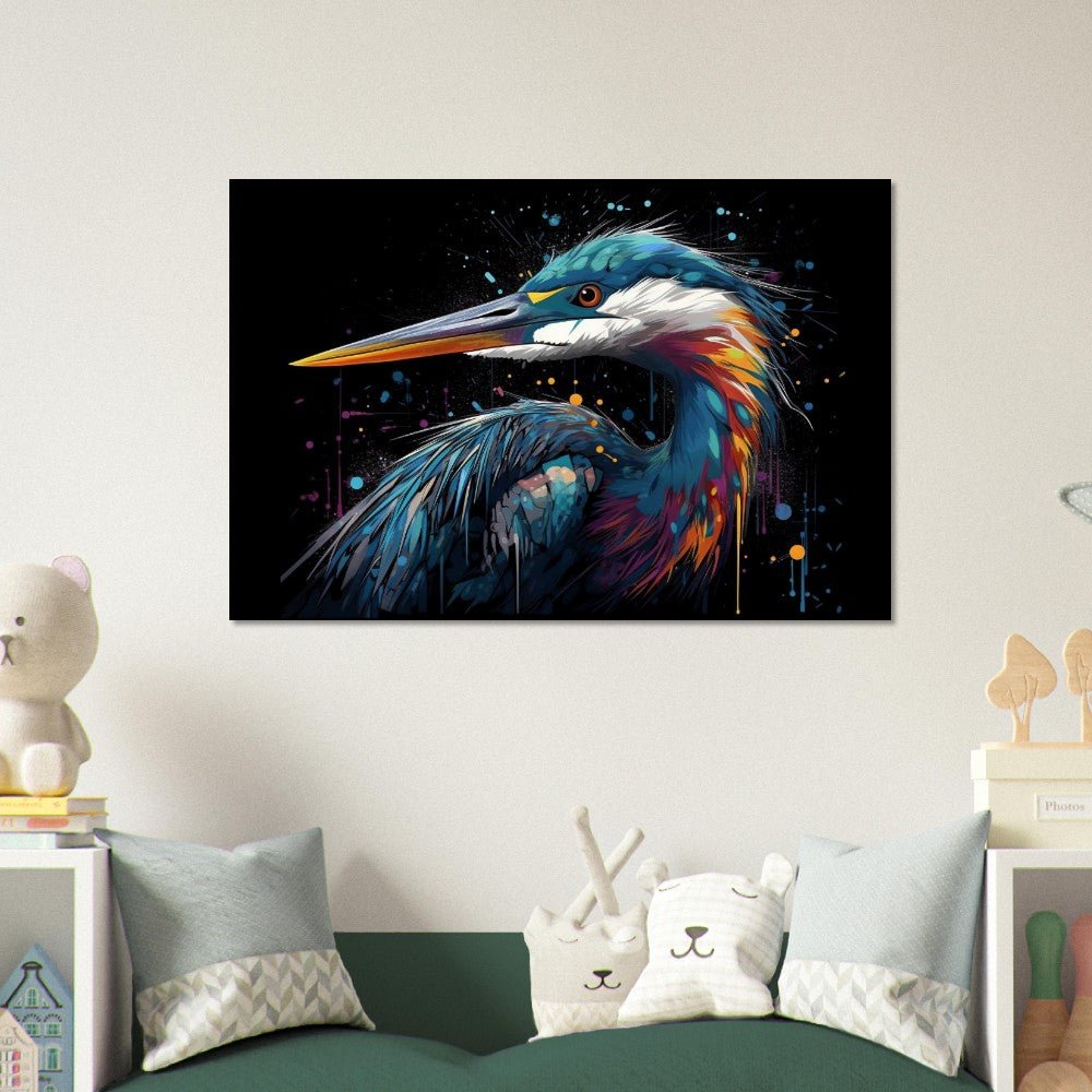 Strikingly Colourful Heron Print on Black - Unframed - Matte Paper - Colourful wall art by Canvasity Crafts