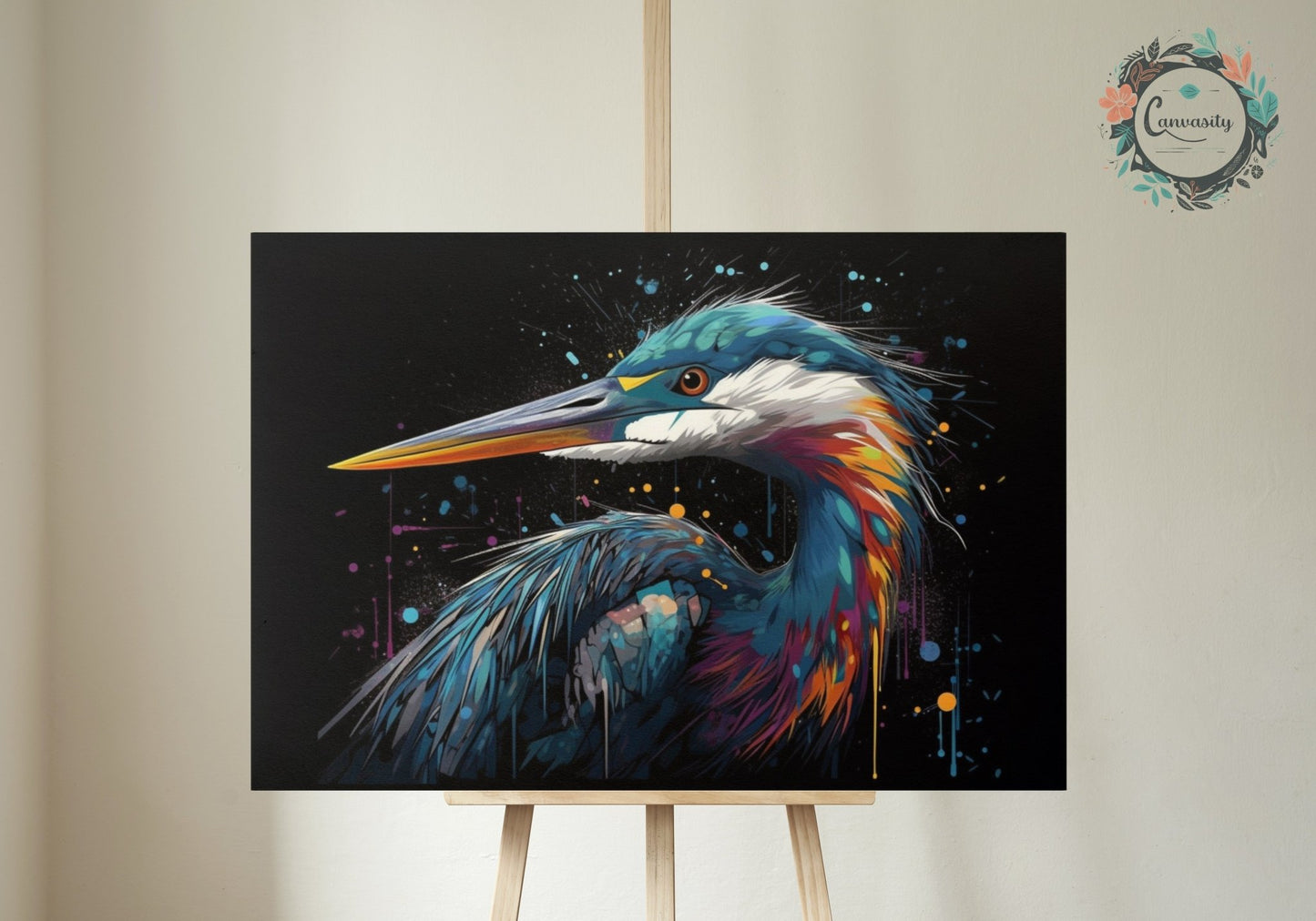 Strikingly Colourful Heron Print on Black - Unframed - Matte Paper - Colourful wall art by Canvasity Crafts