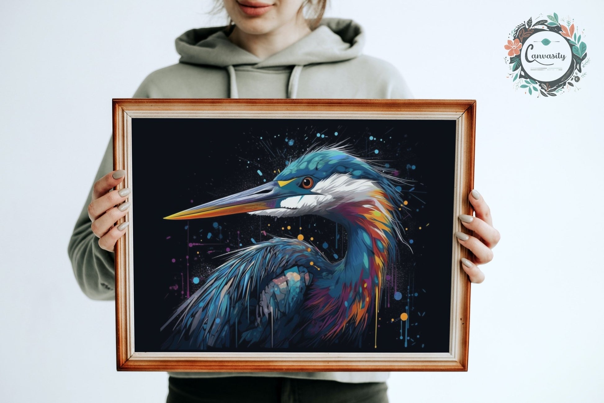 Strikingly Colourful Heron Print on Black - Unframed - Matte Paper - Colourful wall art by Canvasity Crafts