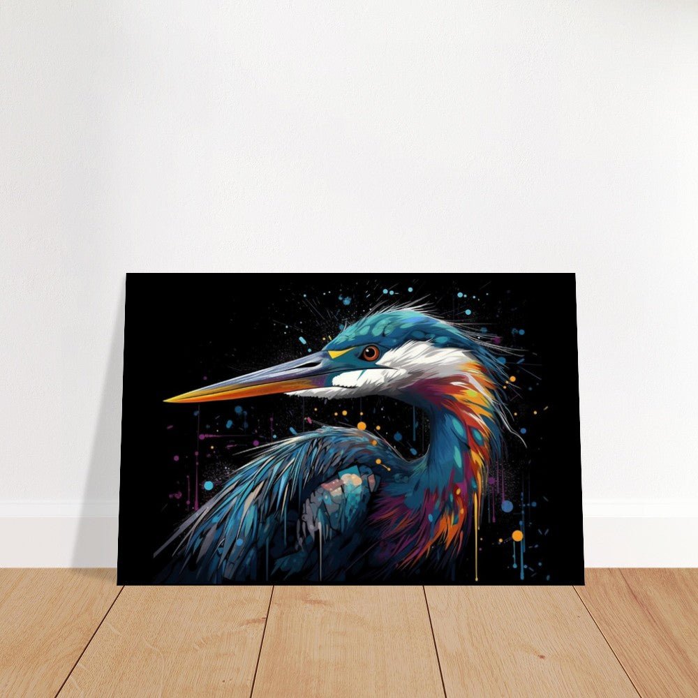 Strikingly Colourful Heron Print on Black - Unframed - Matte Paper - Colourful wall art by Canvasity Crafts