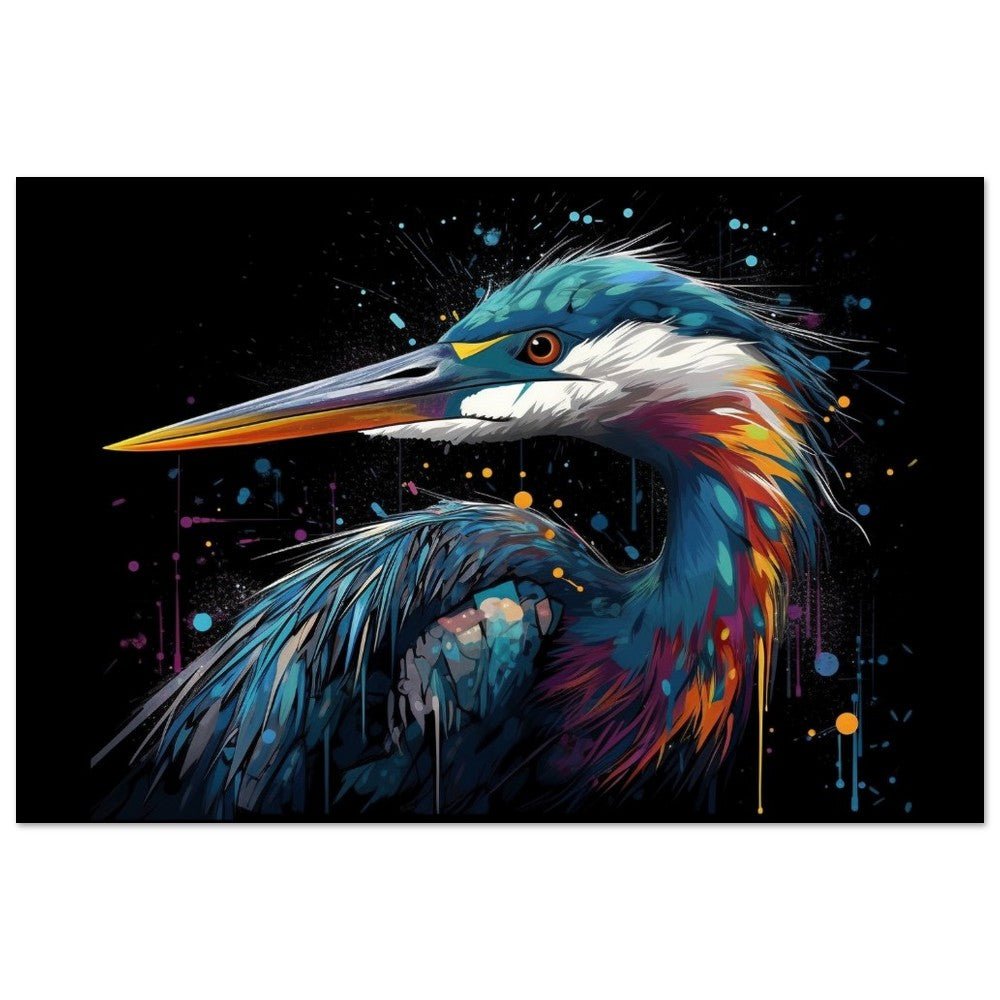 Strikingly Colourful Heron Print on Black - Unframed - Matte Paper - Colourful wall art by Canvasity Crafts