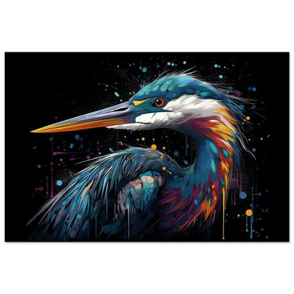 Strikingly Colourful Heron Print on Black - Unframed - Matte Paper - Colourful wall art by Canvasity Crafts