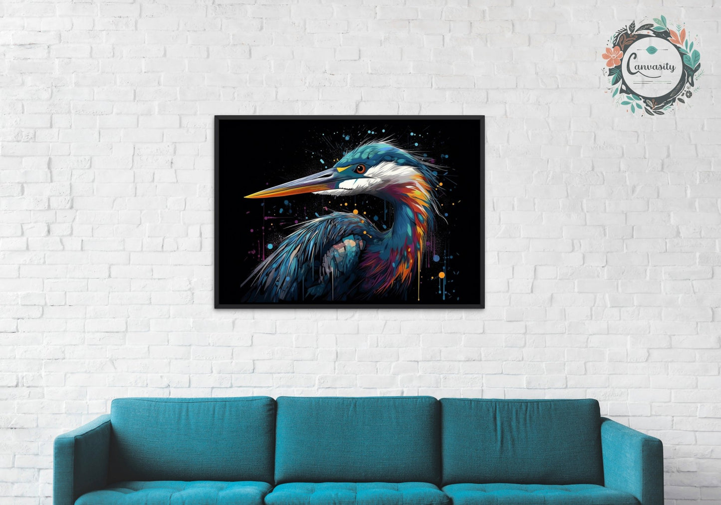 Strikingly Colourful Heron Print on Black - Unframed - Matte Paper - Colourful wall art by Canvasity Crafts