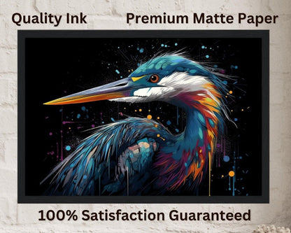 Strikingly Colourful Heron Print on Black - Unframed - Matte Paper - Colourful wall art by Canvasity Crafts