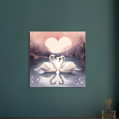 Swans under a Love Heart Moon Poster Print - Valentine's Day Gift - Matte Paper - Colourful wall art by Canvasity Crafts