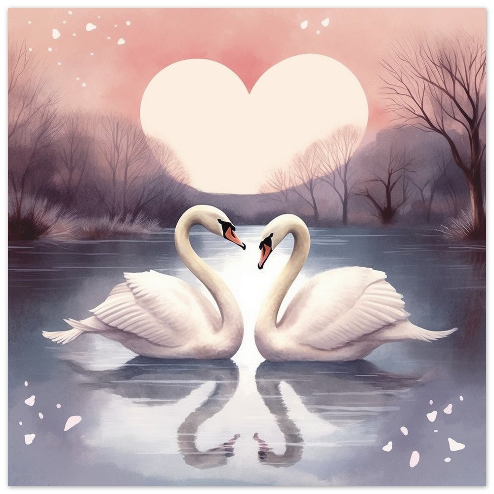 Swans under a Love Heart Moon Poster Print - Valentine's Day Gift - Matte Paper - Colourful wall art by Canvasity Crafts