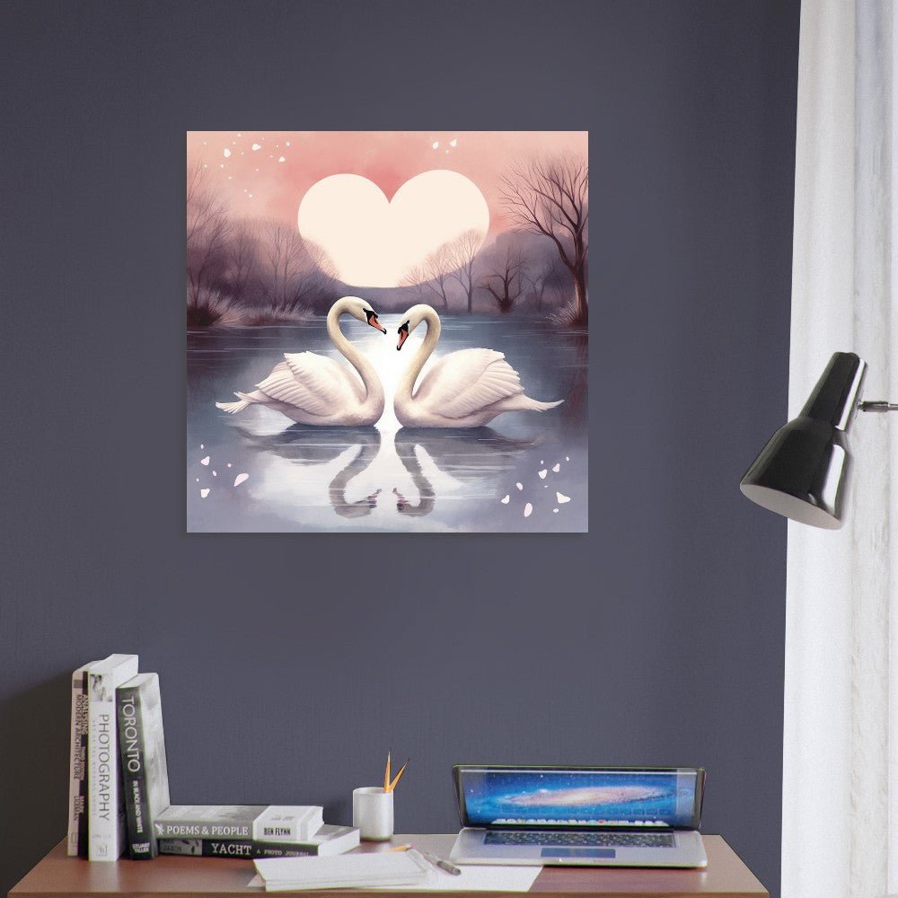 Swans under a Love Heart Moon Poster Print - Valentine's Day Gift - Matte Paper - Colourful wall art by Canvasity Crafts