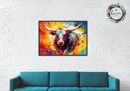 Vibrant Charging Bull Print in Orange, Yellow and Blue - Unframed - Matte Paper - Colourful wall art by Canvasity Crafts