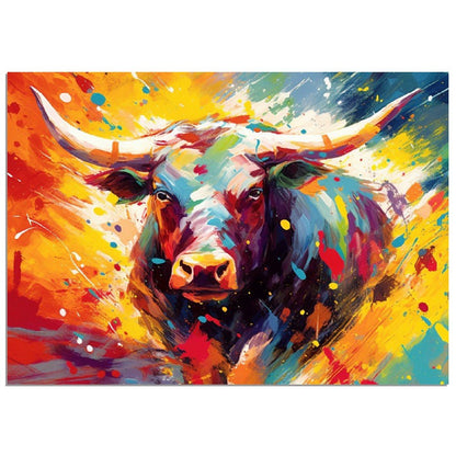 Vibrant Charging Bull Print in Orange, Yellow and Blue - Unframed - Matte Paper - Colourful wall art by Canvasity Crafts