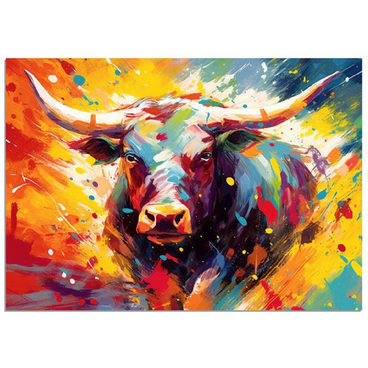 Vibrant Charging Bull Print in Orange, Yellow and Blue - Unframed - Matte Paper - Colourful wall art by Canvasity Crafts