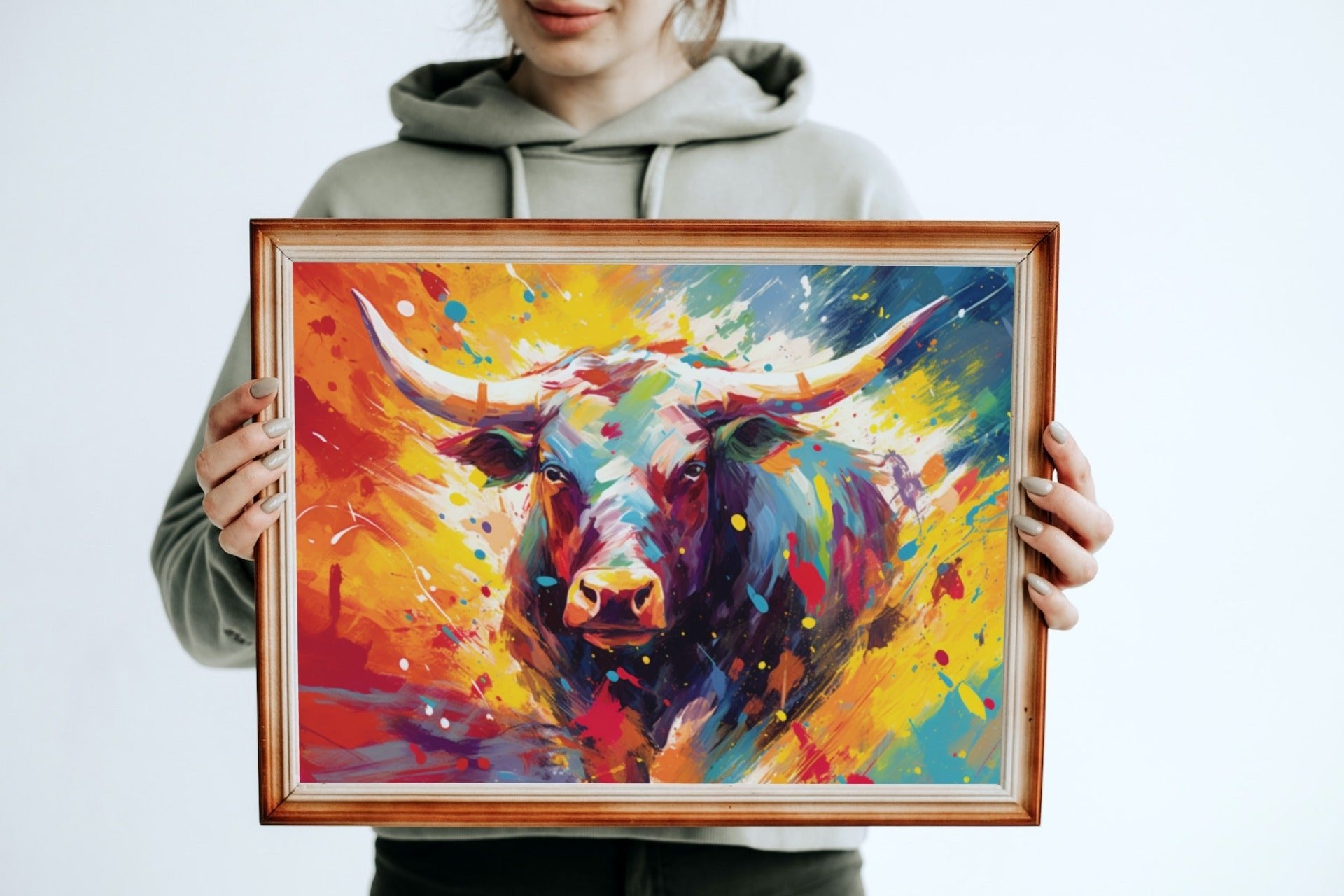 Vibrant Charging Bull Print in Orange, Yellow and Blue - Unframed - Matte Paper - Colourful wall art by Canvasity Crafts