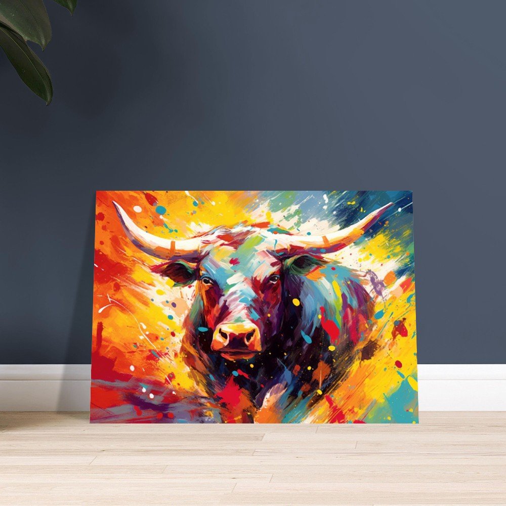 Vibrant Charging Bull Print in Orange, Yellow and Blue - Unframed - Matte Paper - Colourful wall art by Canvasity Crafts