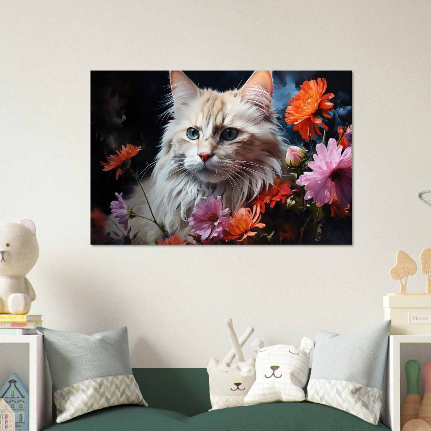 White Cat with Flowers Poster Print, Snowy Abstract Colourful Cat Lover Gift, Pretty Feline Wall Art, Rainbow Blue Pink - Posters - Colourful wall art by Canvasity Crafts