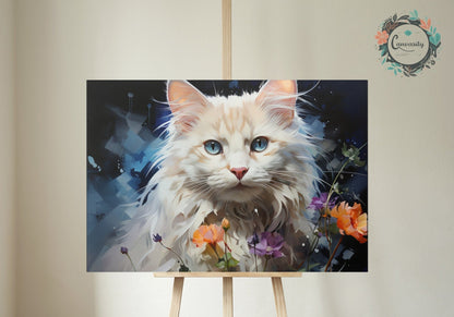 White Cat with Flowers Poster Print, Snowy Abstract Colourful Cat Lover Gift, Pretty Feline Wall Art, Rainbow Blue Pink - Posters - Colourful wall art by Canvasity Crafts