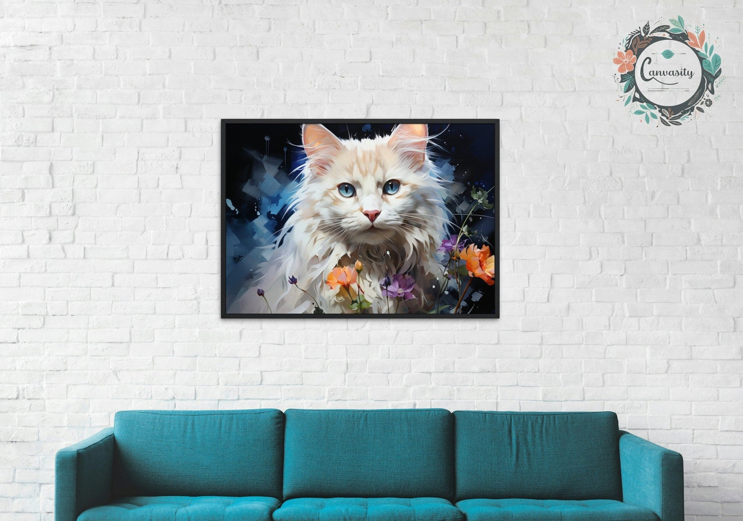 White Cat with Flowers Poster Print, Snowy Abstract Colourful Cat Lover Gift, Pretty Feline Wall Art, Rainbow Blue Pink - Posters - Colourful wall art by Canvasity Crafts